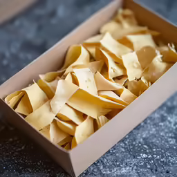 a brown box filled with pasta on top of a table