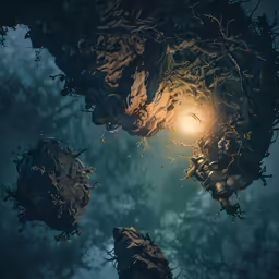 an illuminated lantern shines on trees and branches