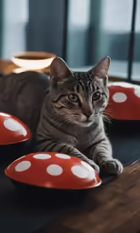 a cat laying on top of a table with red and white doted plates on it