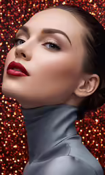 a model with red lips poses in front of glitters