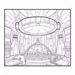 a line drawing depicting space station and other technological devices,a coloring page that depicts the inside of a space station with a large monitor screen and a
