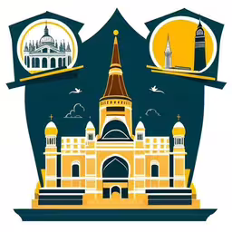 a blue and yellow illustration with buildings, birds, and a flag,different colored buildings in a blue and yellow background