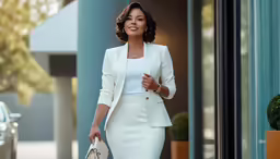 a woman wearing a white suit and carrying a beige purse is walking