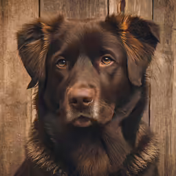 a brown dog sitting next to a wooden fence