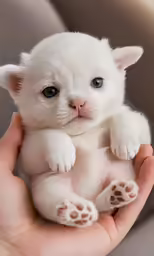 a small white puppy sitting in a persons hand