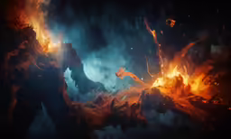 a blazing image of two people with flames in the background