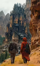 two people walking down a dirt road near a hill