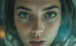 a young girl looking into the camera with tears on her face