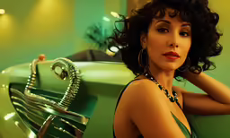 a woman wearing a green dress sitting on the back of a car