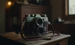 an antique camera is sitting on top of a table