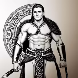 a drawing of a man in costume with a sword