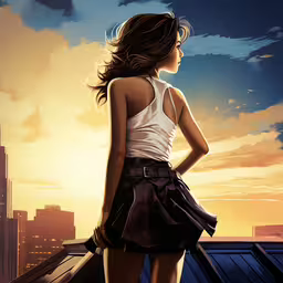 a female painting looking over the top of a rooftop,an artist