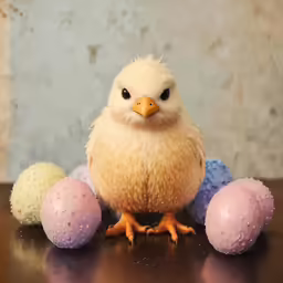 a stuffed bird sitting next to some easter eggs
