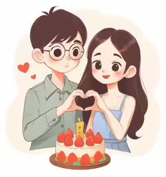 couple making heart shape with strawberry cake on plate