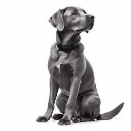 a gray dog with black collar sits in front of a white background