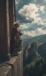 two kids looking over a castle while on a balcony