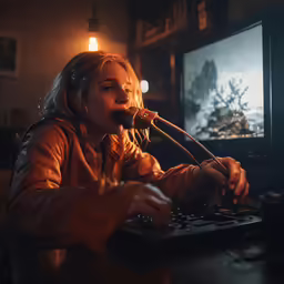 a woman in headphones is using a computer keyboard