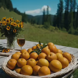 a basket of oranges next to a glass of wine