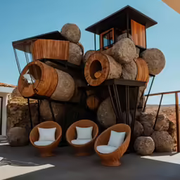 two chairs are sitting in front of a stacked building