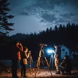 three people look at something through binoculars at dusk