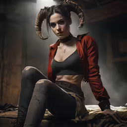 a beautiful woman with horned horns sits on a bed
