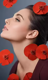 the beautiful woman is wearing red flowers on her head