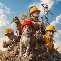 the men in construction hats are posing for a photo with their dog
