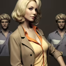 woman in a dress and coat looking straight ahead