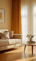 a living room with a large window and a white couch