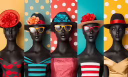 a bunch of mannequins are standing up against a colorful wall