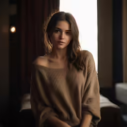 a woman in a beige sweater is sitting on a bed
