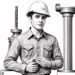 black and white photograph of a worker near a pole