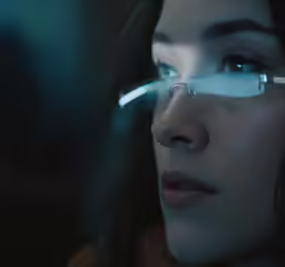 woman wearing glasses while staring at a reflection
