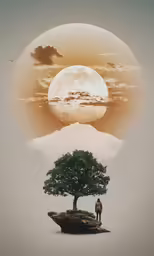 a person standing on an island with a large full moon