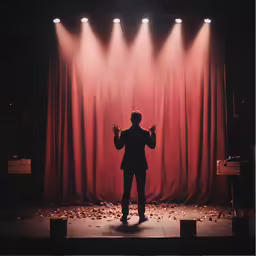the man is standing on stage with his hands up