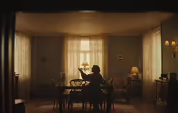 the woman is setting her dinner table in front of her window