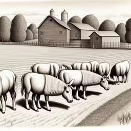 a drawing of some sheep grazing in a field,a drawing of a herd of sheep on a farm