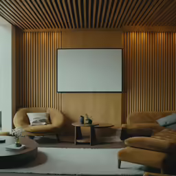 a wooden room that has two chairs, a couch and a table