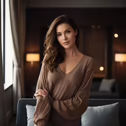a woman is leaning on the couch near her window