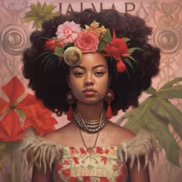 a woman with curly hair is wearing red earrings,a painting of a woman with flowers in her hair