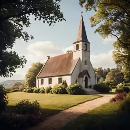an image of a church setting in the woods