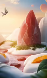 an orange slice is sitting in the snow by some large rocks