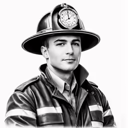 black and white photograph of fireman wearing a helmet