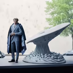 a man walking next to an outdoor sculpture