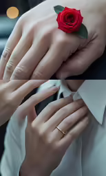 the man is wearing an engagement ring and a rose on his thumb