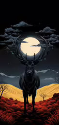 an animal with horns stands in the middle of a field