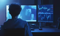 man sitting at computer desk with multiple monitors in the background
