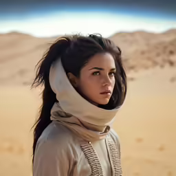 the woman with the scarf on is looking off into the distance