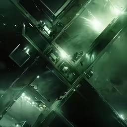 an artistic scene of a dark green room and a light in the ceiling
