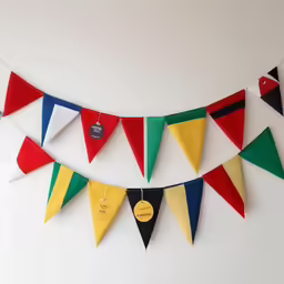the flags are on a white wall above them